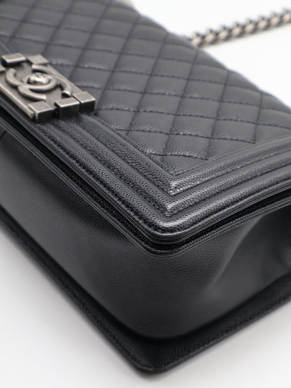 CHANEL Boy25 粒面牛皮口蓋包 - 黑銀27開