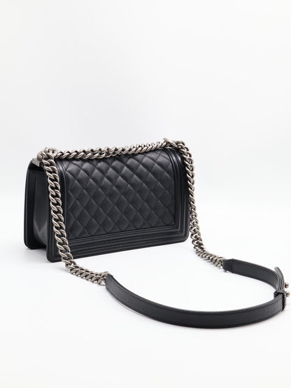 CHANEL Boy25 粒面牛皮口蓋包 - 黑銀27開