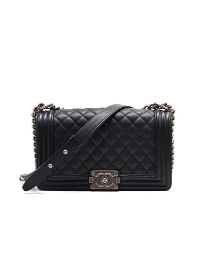 CHANEL Boy25 粒面牛皮口蓋包 - 黑銀27開