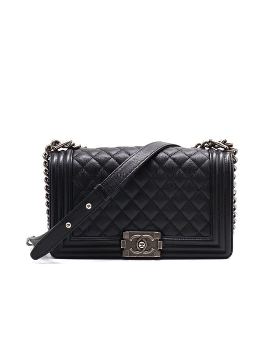 CHANEL Boy25 粒面牛皮口蓋包 - 黑銀27開