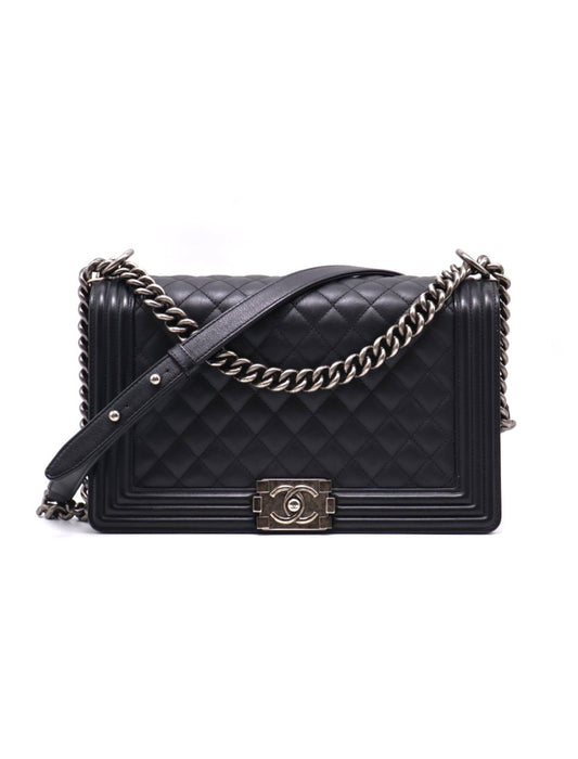 CHANEL Boy28 牛皮口蓋包 - 黑銀20開