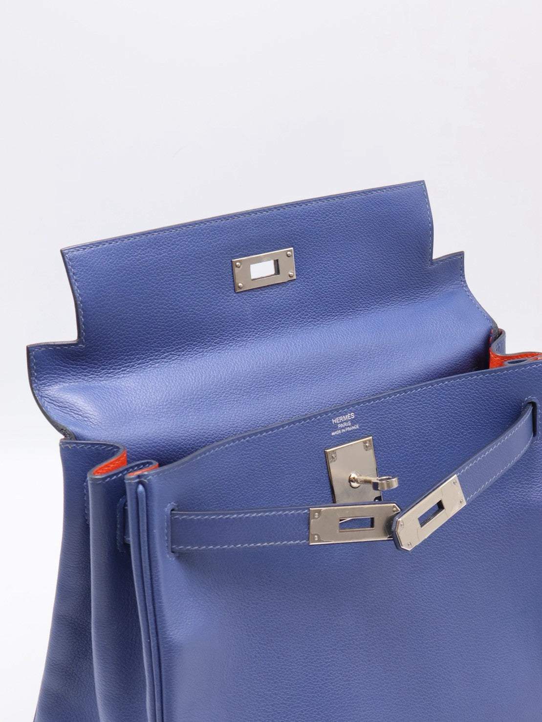 HERMES Kelly 28 - Bleu Brighton/Capucine 明藍/火焰橙銀 C