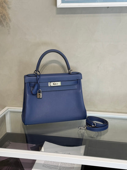 HERMES Kelly 28 - Bleu Brighton/Capucine 明藍/火焰橙銀 C