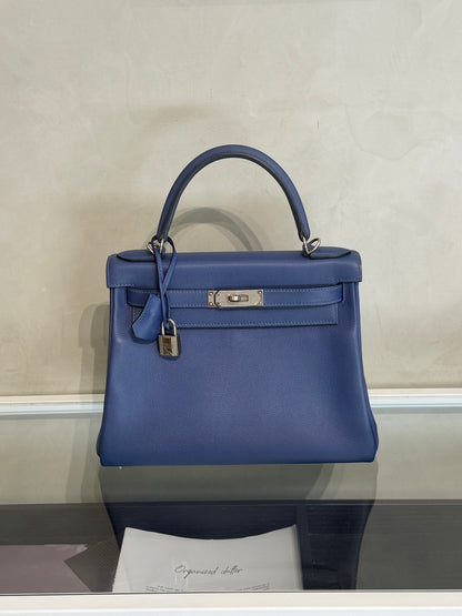 HERMES Kelly 28 - Bleu Brighton/Capucine 明藍/火焰橙銀 C