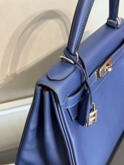 HERMES Kelly 28 - Bleu Brighton/Capucine 明藍/火焰橙銀 C