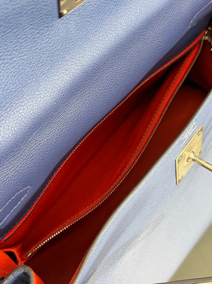 HERMES Kelly 28 - Bleu Brighton/Capucine 明藍/火焰橙銀 C