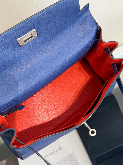 HERMES Kelly 28 - Bleu Brighton/Capucine 明藍/火焰橙銀 C