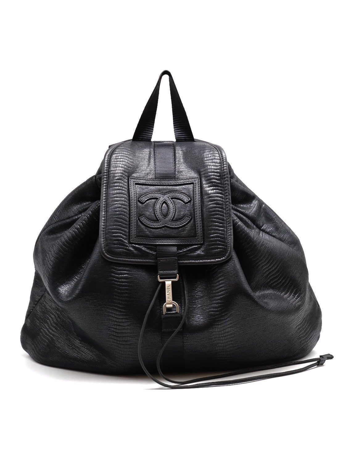 CHANEL 蜥蜴壓紋雙肩後背包 - 黑銀12開