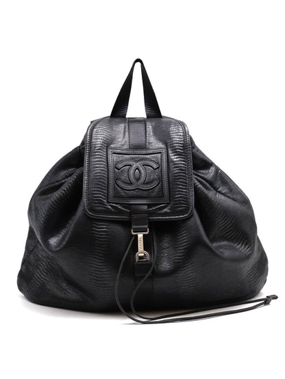 CHANEL 蜥蜴壓紋雙肩後背包 - 黑銀12開