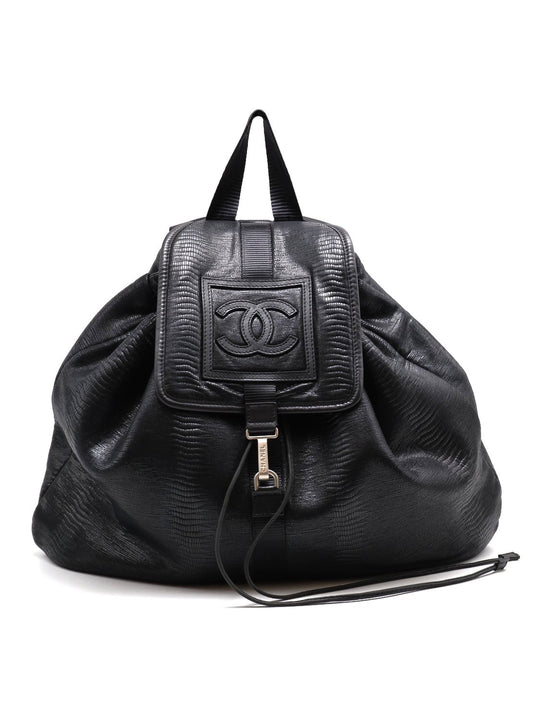 CHANEL 蜥蜴壓紋雙肩後背包 - 黑銀12開