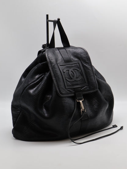 CHANEL 蜥蜴壓紋雙肩後背包 - 黑銀12開