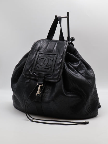 CHANEL 蜥蜴壓紋雙肩後背包 - 黑銀12開