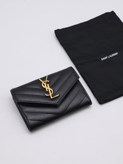YSL 經典V紋粒面牛皮信封卡包 - 黑金