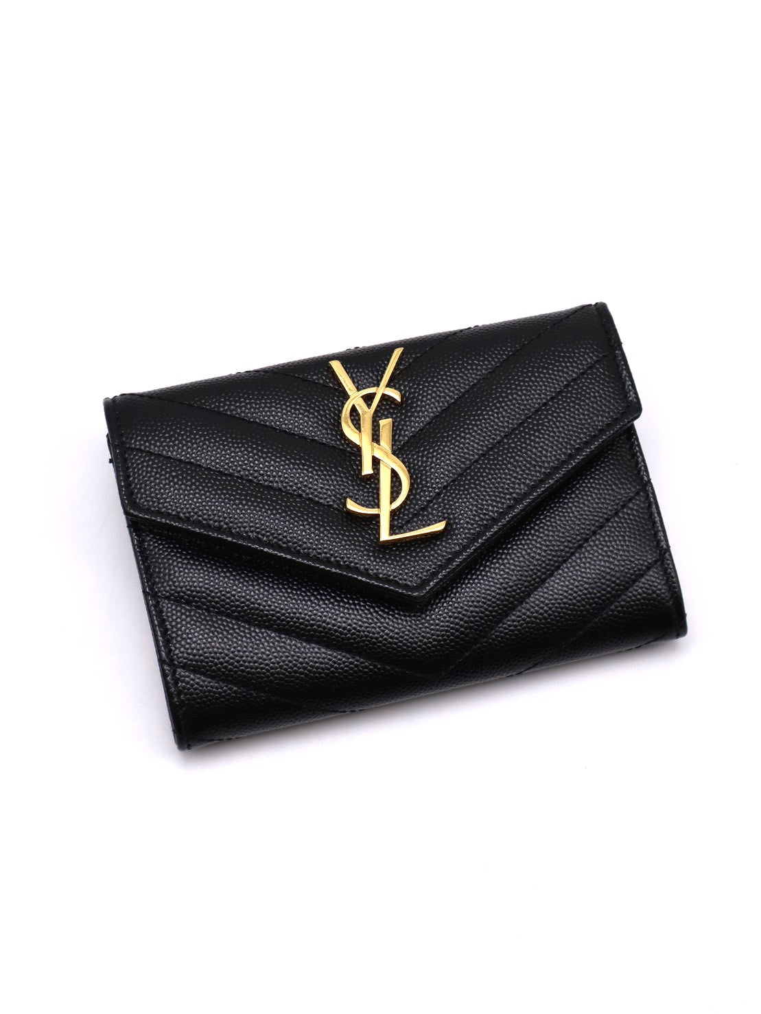 YSL 經典V紋粒面牛皮信封卡包 - 黑金