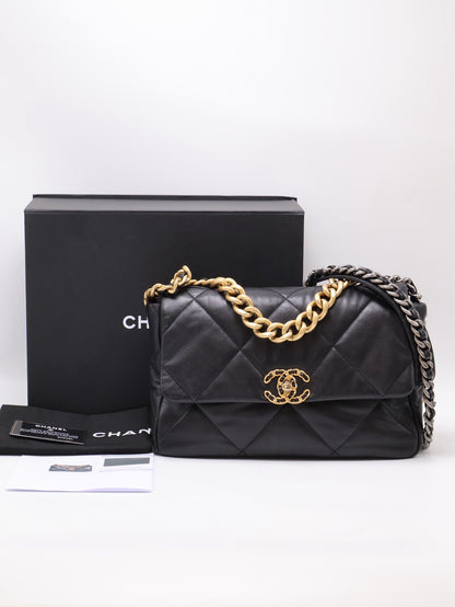 CHANEL 19 Bag 菱格紋羊皮手提肩背包 30 - 黑金28開
