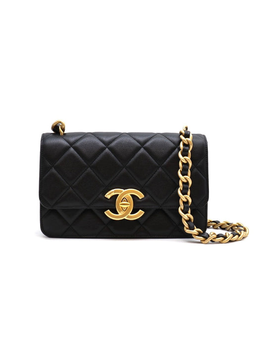 CHANEL 24A大雙C粒面牛皮口蓋包 - 黑金