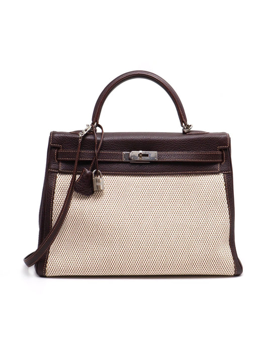 HERMES Kelly 32 - 哈瓦那棕銀拚帆布 🄴