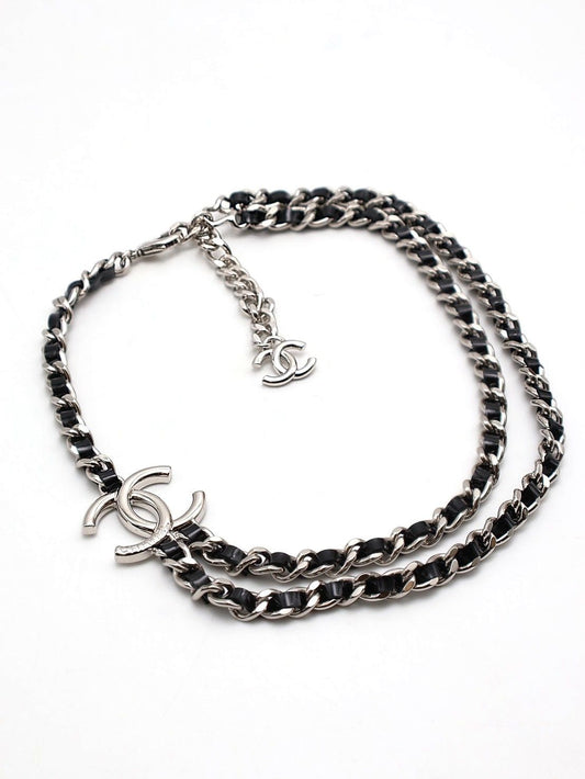 CHANEL 25P雙層皮穿鍊雙C項鍊 - 黑銀