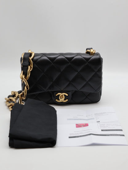 CHANEL 23P羊皮粗鍊單肩包 - 黑金