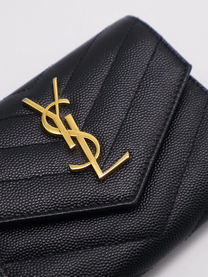 YSL 經典V字粒面牛皮三折短夾 - 黑金