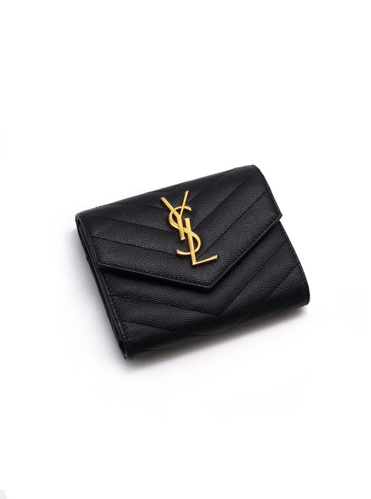 YSL 經典V字粒面牛皮三折短夾 - 黑金