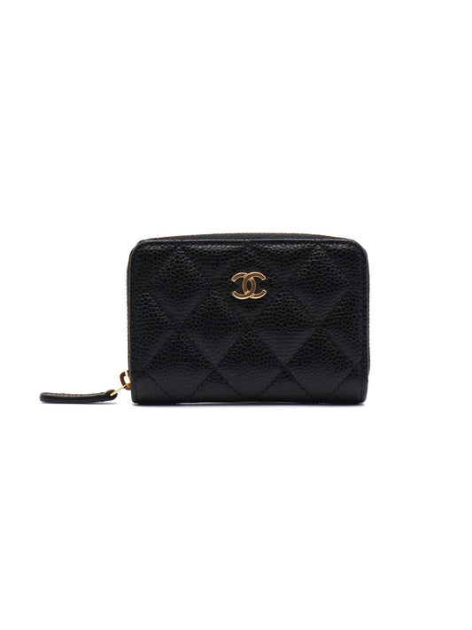 CHANEL 經典粒面牛皮拉鍊零錢包 - 黑金