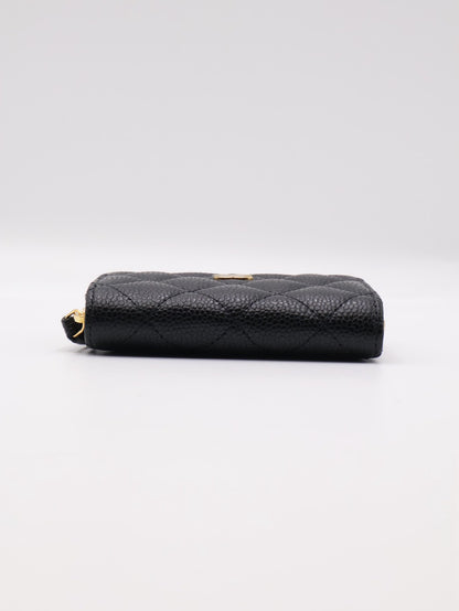 CHANEL 經典粒面牛皮拉鍊零錢包 - 黑金