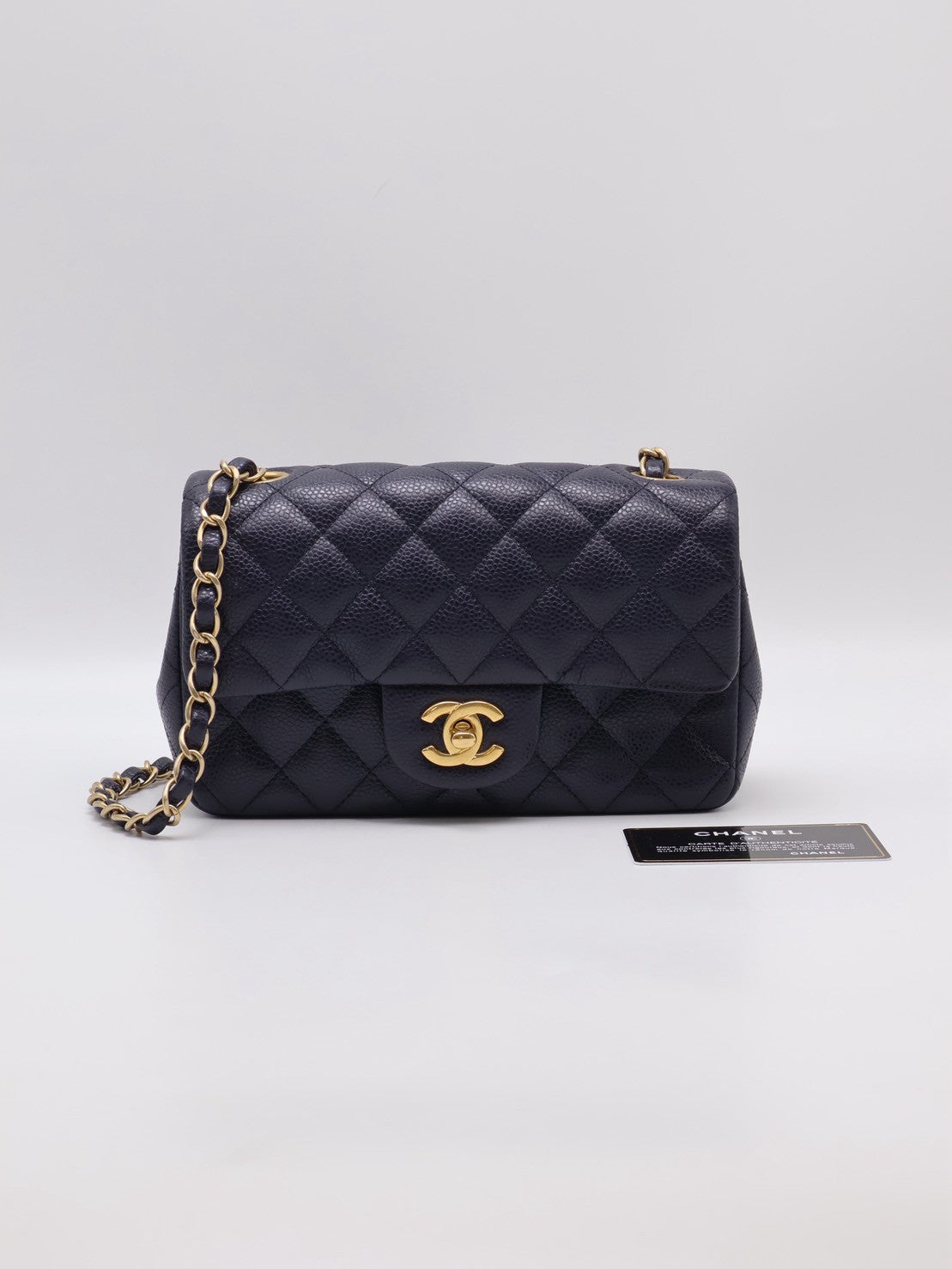 CHANEL 經典口蓋包Mini CF20 - 粒面牛皮深藍金21開