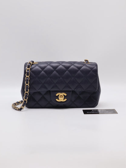 CHANEL 經典口蓋包Mini CF20 - 粒面牛皮深藍金21開