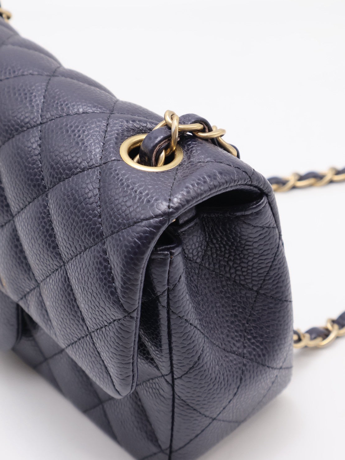 CHANEL 經典口蓋包Mini CF20 - 粒面牛皮深藍金21開