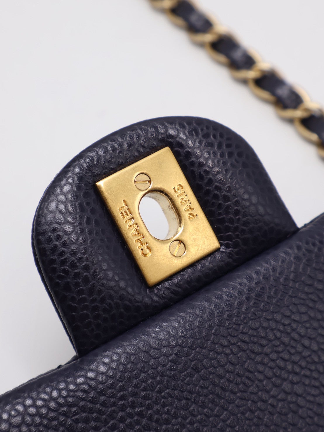 CHANEL 經典口蓋包Mini CF20 - 粒面牛皮深藍金21開