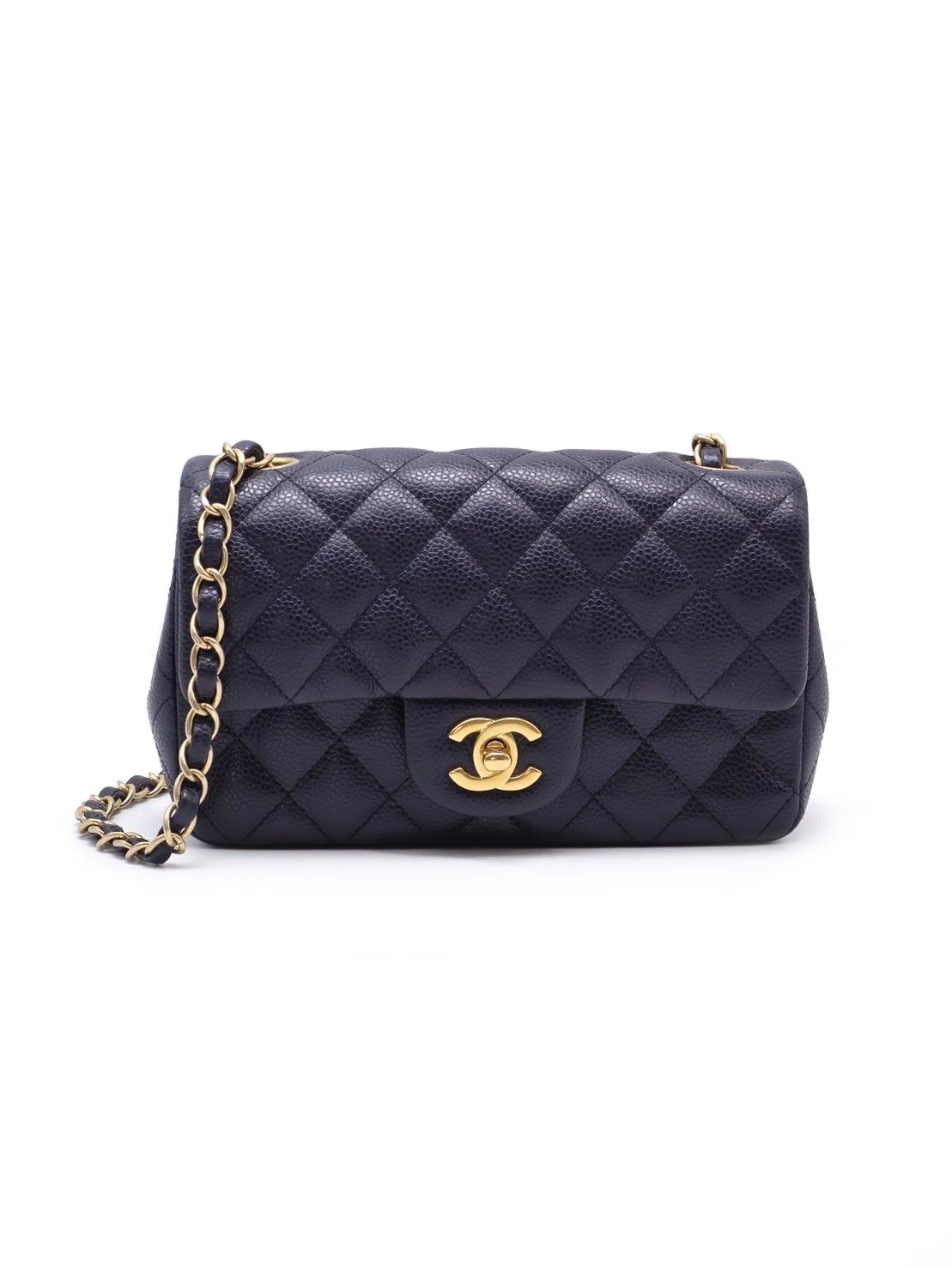 CHANEL 經典口蓋包Mini CF20 - 粒面牛皮深藍金21開