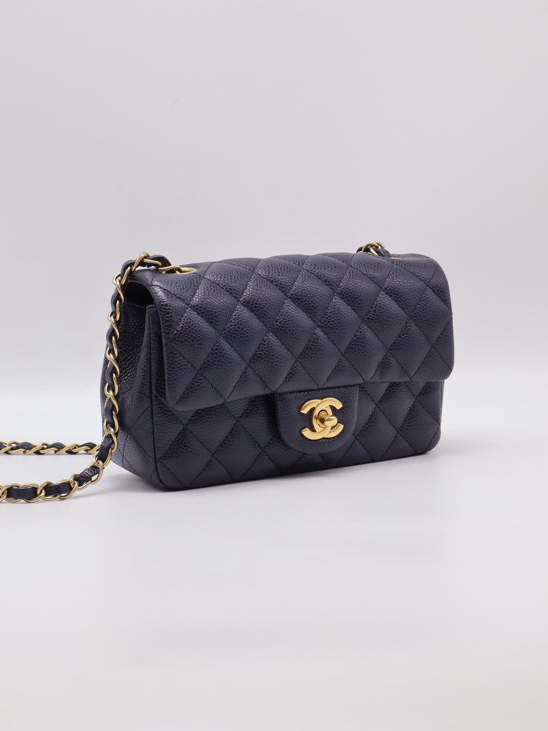 CHANEL 經典口蓋包Mini CF20 - 粒面牛皮深藍金21開