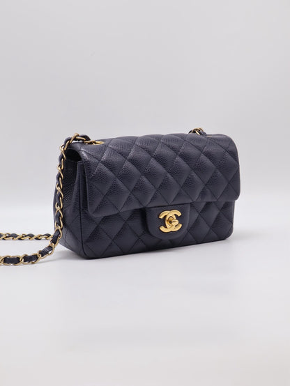 CHANEL 經典口蓋包Mini CF20 - 粒面牛皮深藍金21開