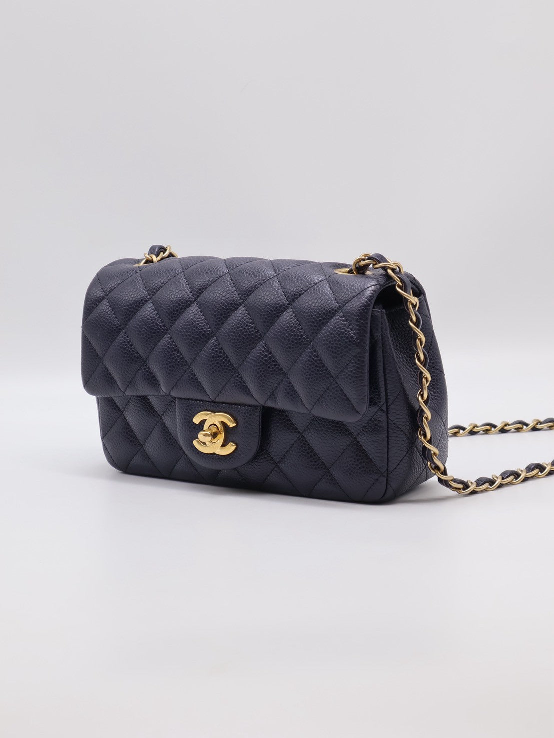 CHANEL 經典口蓋包Mini CF20 - 粒面牛皮深藍金21開