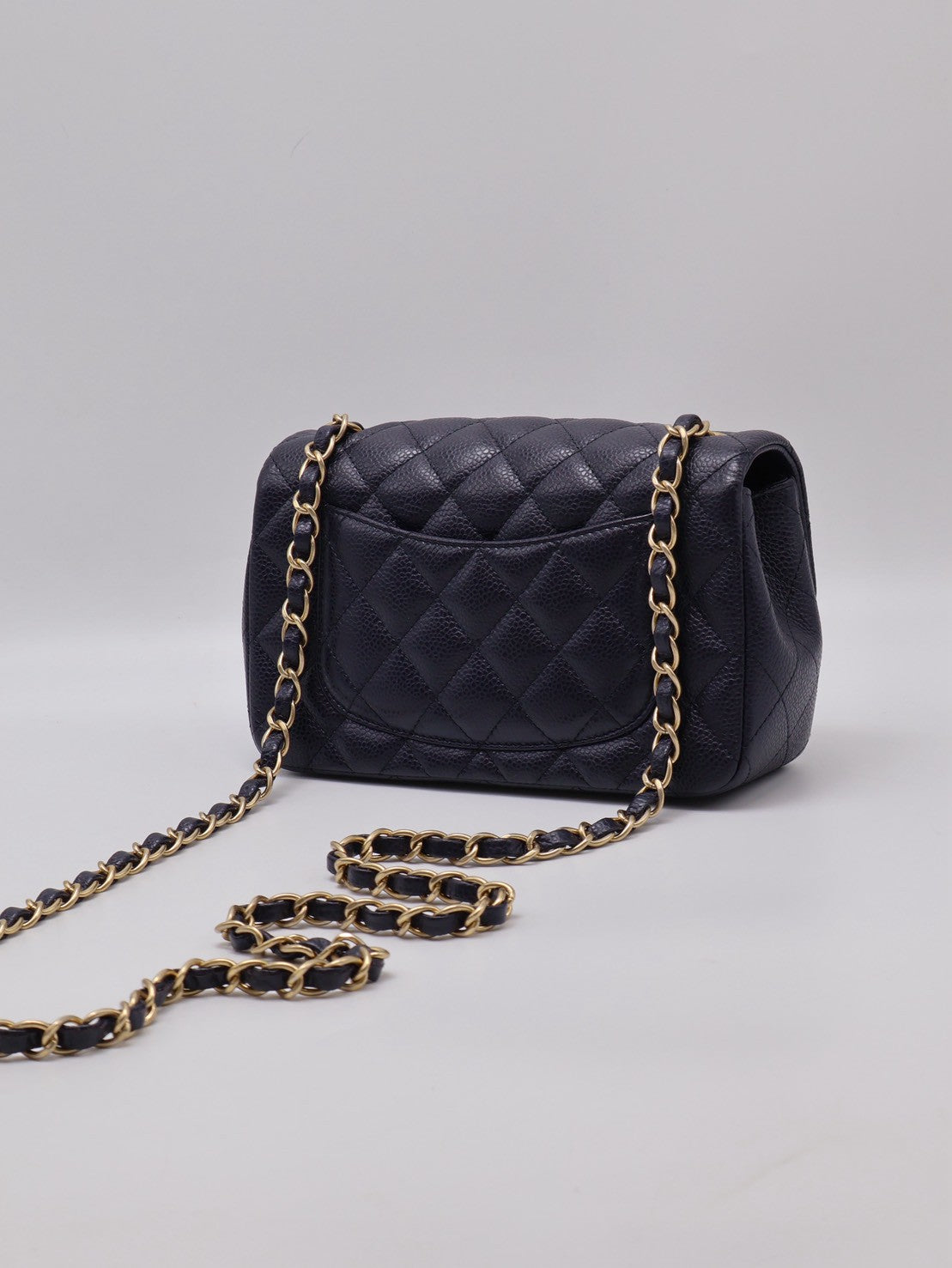 CHANEL 經典口蓋包Mini CF20 - 粒面牛皮深藍金21開