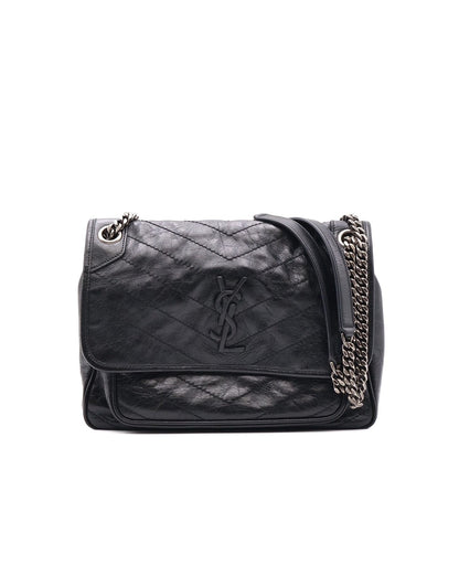 YSL Niki 小牛皮手袋 - 中號黑字銀鍊