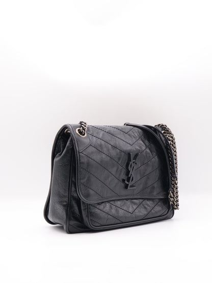 YSL Niki 小牛皮手袋 - 中號黑字銀鍊