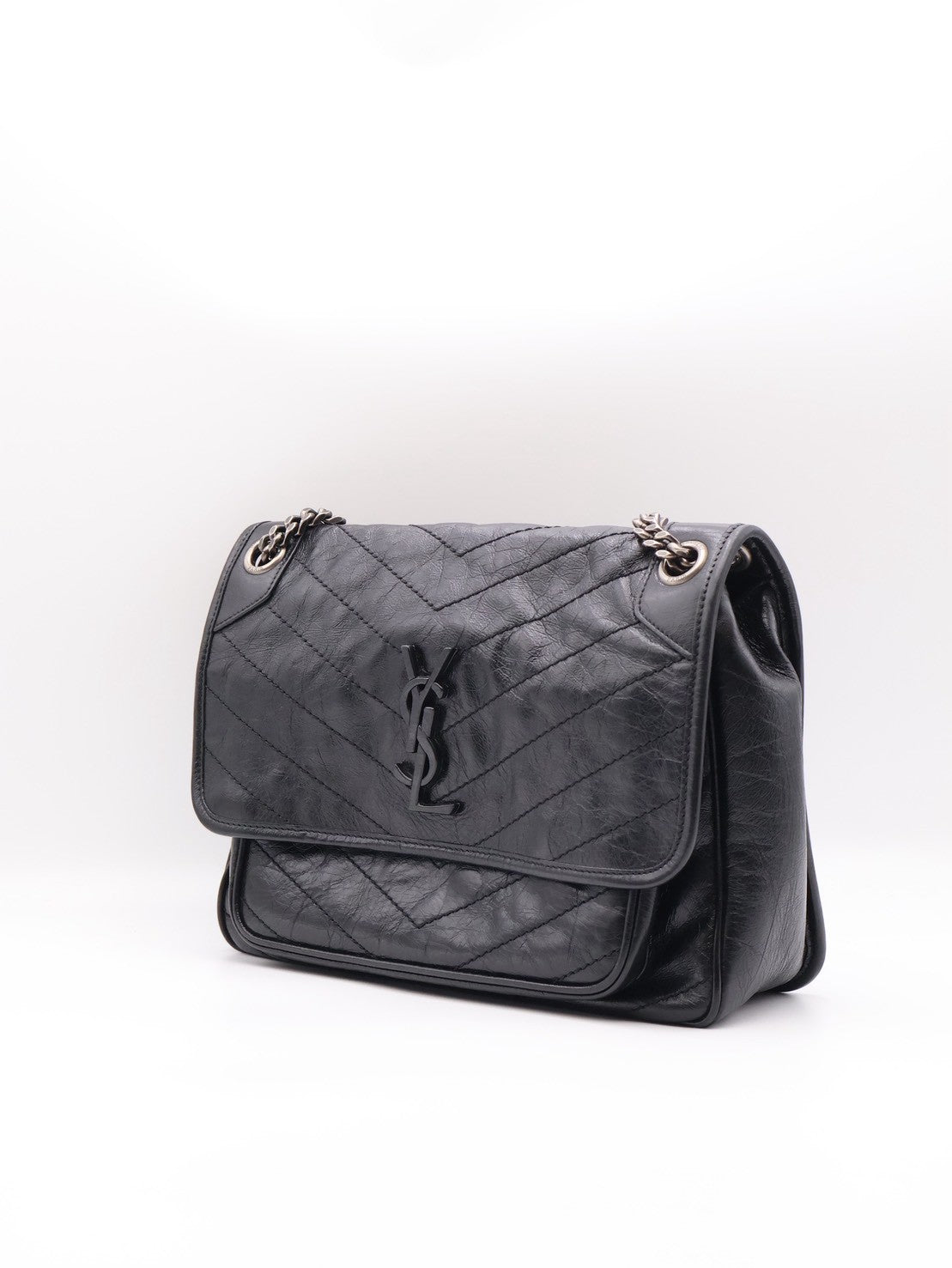 YSL Niki 小牛皮手袋 - 中號黑字銀鍊