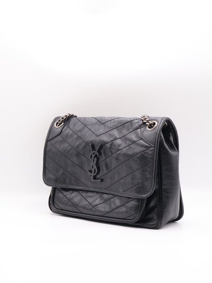 YSL Niki 小牛皮手袋 - 中號黑字銀鍊