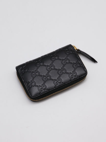 GUCCI 壓紋老花拉鍊卡包 - 黑