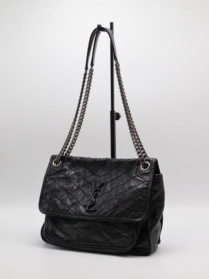 YSL Niki 小牛皮手袋 - 中號黑字銀鍊