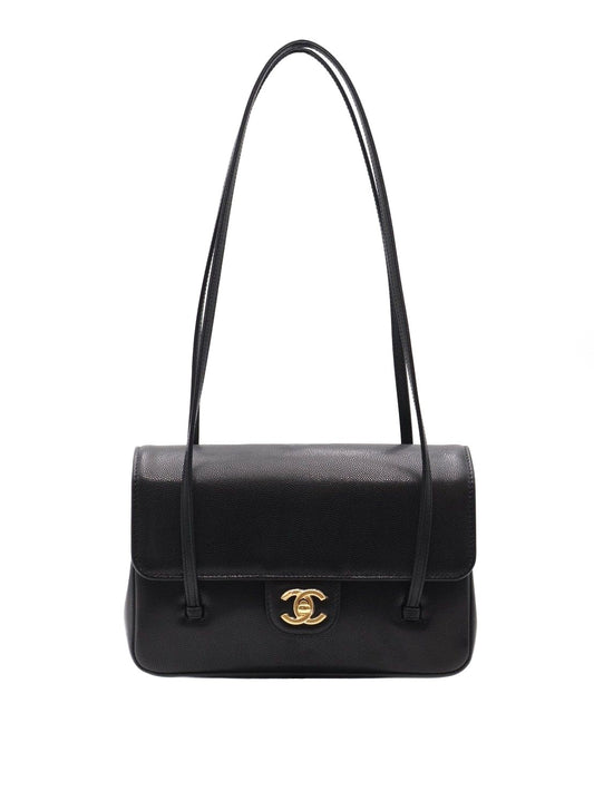 CHANEL 26P Preppy Coco粒面牛皮單肩包 - 小號黑金