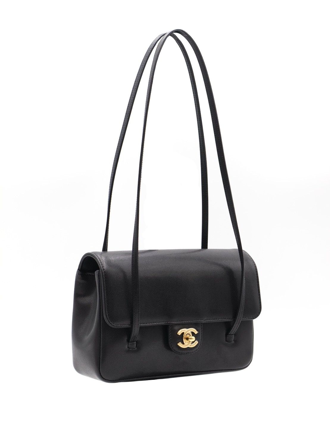 CHANEL 26P Preppy Coco粒面牛皮單肩包 - 小號黑金