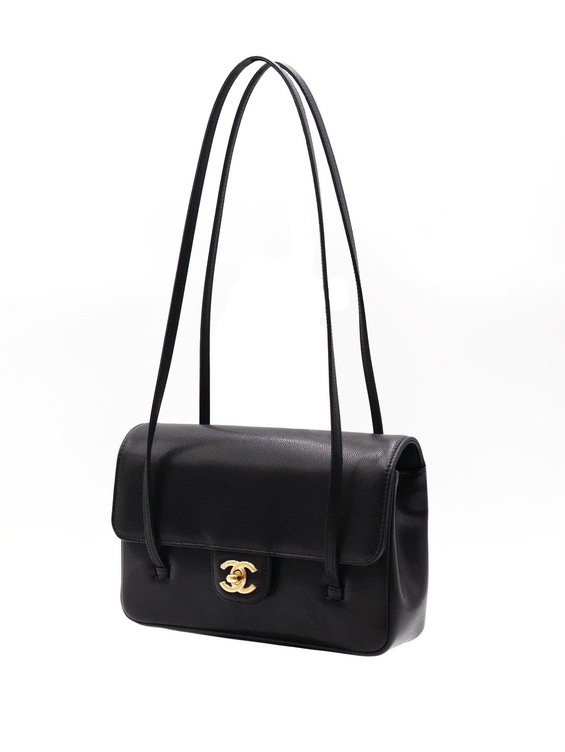 CHANEL 26P Preppy Coco粒面牛皮單肩包 - 小號黑金