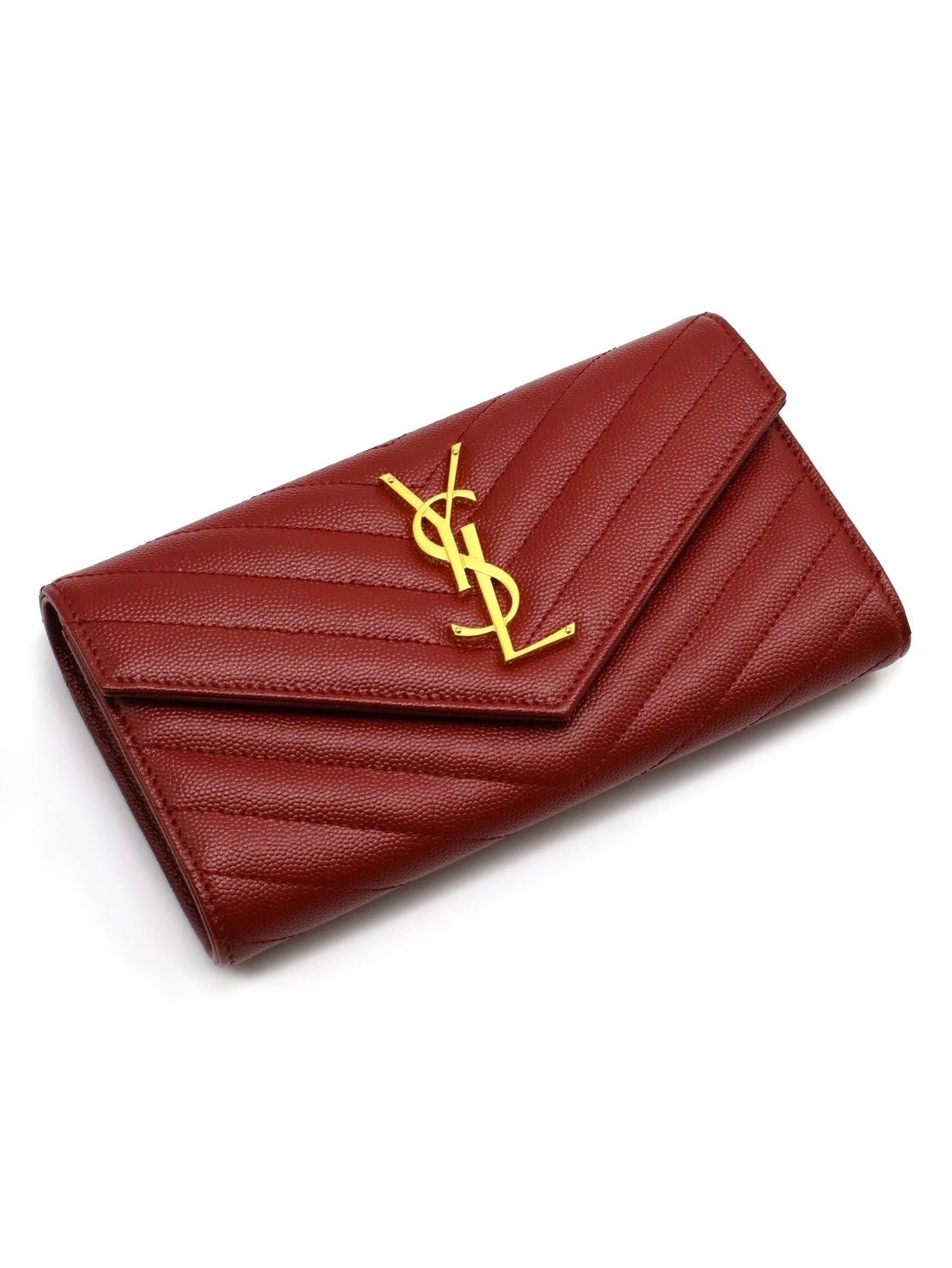 YSL 經典V紋粒面牛皮長夾 - 紅金
