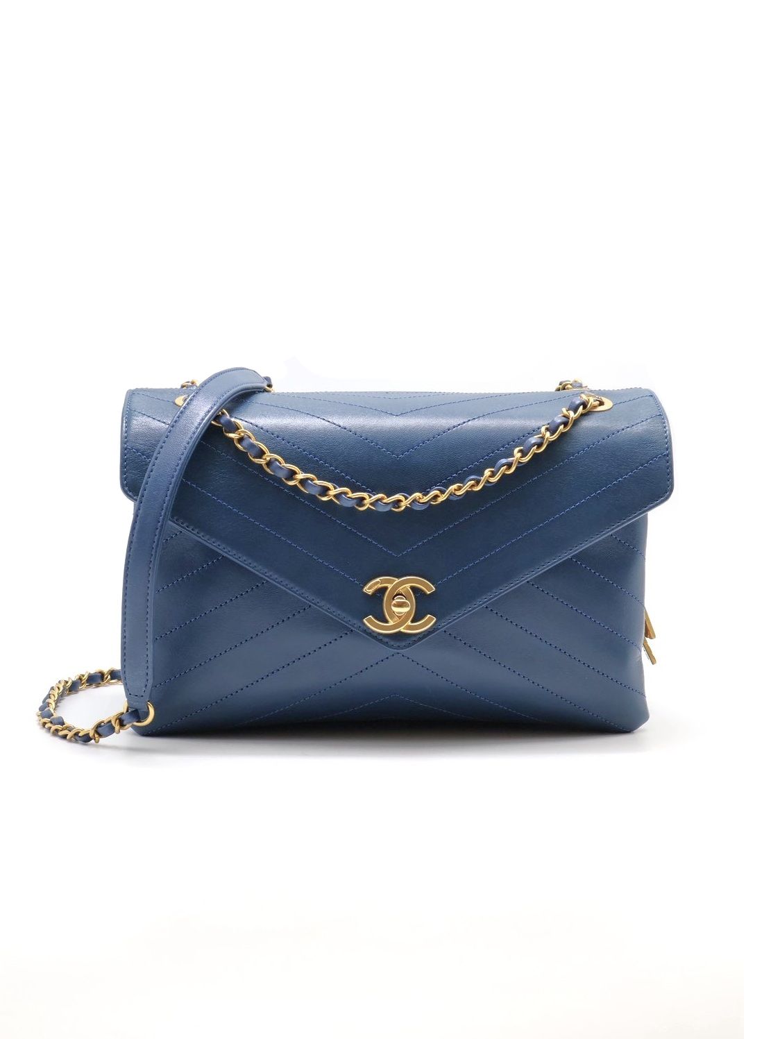 CHANEL 復古V紋信封郵差包 - 藍金25開