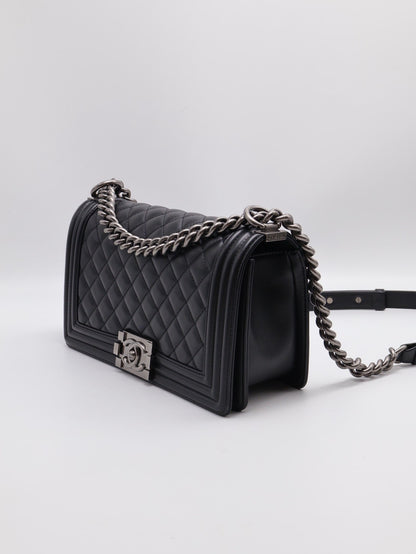 CHANEL Boy25牛皮口蓋包 - 黑銀