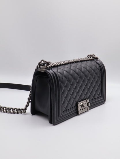 CHANEL Boy25牛皮口蓋包 - 黑銀