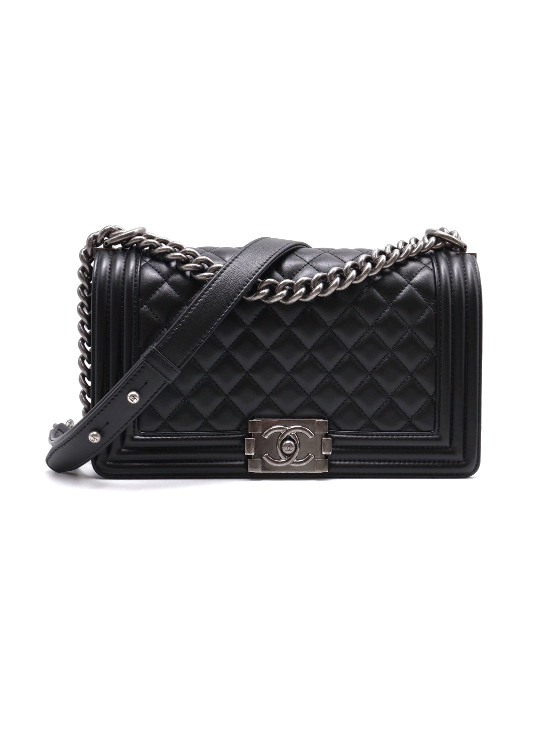 CHANEL Boy25牛皮口蓋包 - 黑銀
